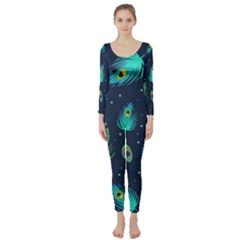 Blue Background Pattern Feather Peacock Long Sleeve Catsuit