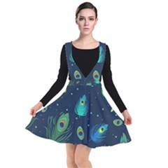 Blue Background Pattern Feather Peacock Plunge Pinafore Dress