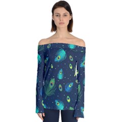 Blue Background Pattern Feather Peacock Off Shoulder Long Sleeve Top by Semog4