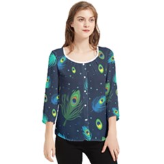 Blue Background Pattern Feather Peacock Chiffon Quarter Sleeve Blouse