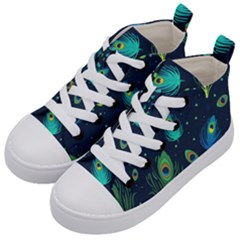 Blue Background Pattern Feather Peacock Kids  Mid-top Canvas Sneakers