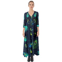 Blue Background Pattern Feather Peacock Button Up Boho Maxi Dress