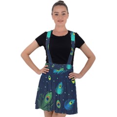 Blue Background Pattern Feather Peacock Velvet Suspender Skater Skirt