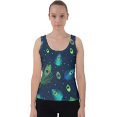 Blue Background Pattern Feather Peacock Velvet Tank Top