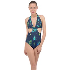 Blue Background Pattern Feather Peacock Halter Front Plunge Swimsuit