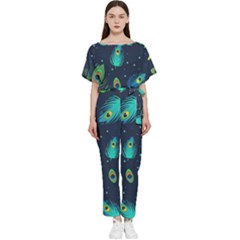 Blue Background Pattern Feather Peacock Batwing Lightweight Chiffon Jumpsuit