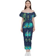 Blue Background Pattern Feather Peacock Off Shoulder Ruffle Top Jumpsuit