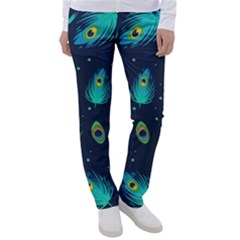 Blue Background Pattern Feather Peacock Women s Casual Pants