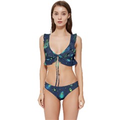 Blue Background Pattern Feather Peacock Low Cut Ruffle Edge Bikini Set