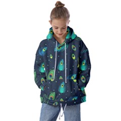 Blue Background Pattern Feather Peacock Kids  Oversized Hoodie