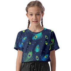 Blue Background Pattern Feather Peacock Kids  Basic Tee
