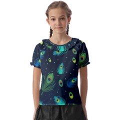 Blue Background Pattern Feather Peacock Kids  Frill Chiffon Blouse