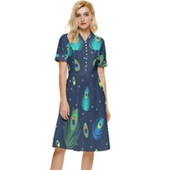 Blue Background Pattern Feather Peacock Button Top Knee Length Dress
