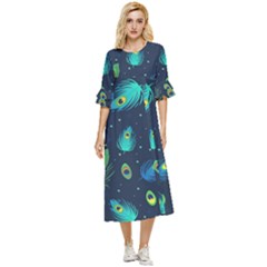 Blue Background Pattern Feather Peacock Double Cuff Midi Dress