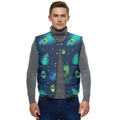 Blue Background Pattern Feather Peacock Men s Short Button Up Puffer Vest	