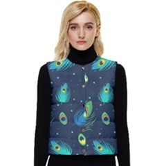 Blue Background Pattern Feather Peacock Women s Short Button Up Puffer Vest by Semog4