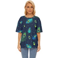 Blue Background Pattern Feather Peacock Oversized Basic Tee