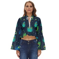 Blue Background Pattern Feather Peacock Boho Long Bell Sleeve Top