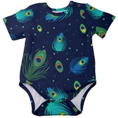Blue Background Pattern Feather Peacock Baby Short Sleeve Bodysuit by Semog4