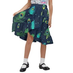 Blue Background Pattern Feather Peacock Kids  Ruffle Flared Wrap Midi Skirt