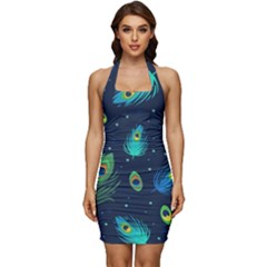 Blue Background Pattern Feather Peacock Sleeveless Wide Square Neckline Ruched Bodycon Dress