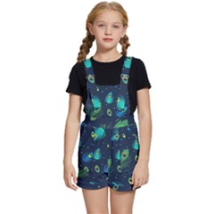 Blue Background Pattern Feather Peacock Kids  Short Overalls