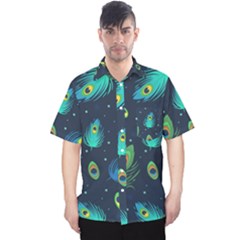 Blue Background Pattern Feather Peacock Men s Hawaii Shirt