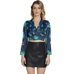 Blue Background Pattern Feather Peacock Long Sleeve Tie Back Satin Wrap Top