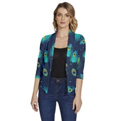 Blue Background Pattern Feather Peacock Women s Draped Front 3/4 Sleeve Shawl Collar Jacket