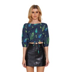 Blue Background Pattern Feather Peacock Mid Sleeve Drawstring Hem Top