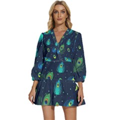 Blue Background Pattern Feather Peacock V-neck Placket Mini Dress