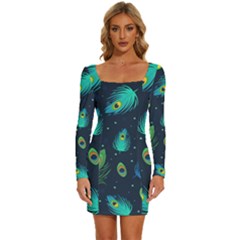 Blue Background Pattern Feather Peacock Long Sleeve Square Neck Bodycon Velvet Dress