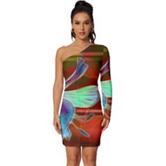 Abstract Fractal Design Digital Wallpaper Graphic Backdrop Long Sleeve One Shoulder Mini Dress