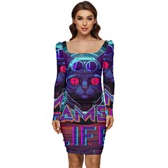 Gamer Life Women Long Sleeve Ruched Stretch Jersey Dress