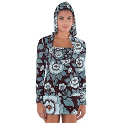 Vintage Floral Pattern Blue Damask Pattern Blue Vintage Long Sleeve Hooded T-shirt