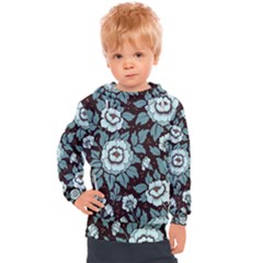 Vintage Floral Pattern Blue Damask Pattern Blue Vintage Kids  Hooded Pullover