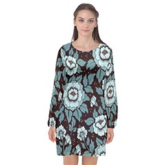 Vintage Floral Pattern Blue Damask Pattern Blue Vintage Long Sleeve Chiffon Shift Dress 