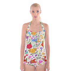 Colorful Flowers Pattern Abstract Patterns Floral Patterns Boyleg Halter Swimsuit  by Semog4