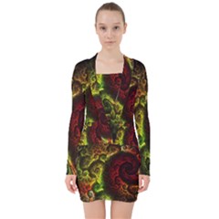 Green And Red Lights Wallpaper Fractal Digital Art Artwork V-neck Bodycon Long Sleeve Dress by Semog4