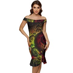 Green And Red Lights Wallpaper Fractal Digital Art Artwork Off Shoulder Ruffle Split Hem Bodycon Dress