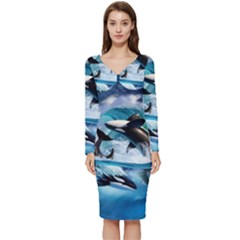 Orca Wave Water Underwater Sky Long Sleeve V-neck Bodycon Dress  by Semog4