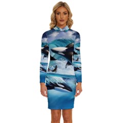 Orca Wave Water Underwater Sky Long Sleeve Shirt Collar Bodycon Dress by Semog4