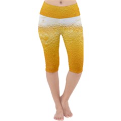 Texture Pattern Macro Glass Of Beer Foam White Yellow Lightweight Velour Cropped Yoga Leggings by Semog4