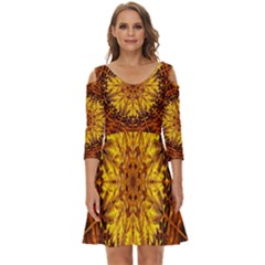 Abstract Gold Mandala Yellow Shoulder Cut Out Zip Up Dress