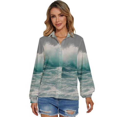 Big Storm Wave Women s Long Sleeve Button Down Shirt by Semog4