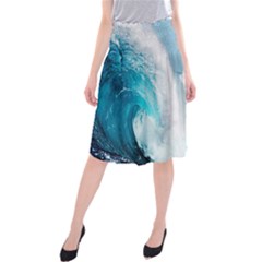 Tsunami Big Blue Wave Ocean Waves Water Midi Beach Skirt by Semog4