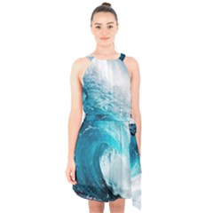 Tsunami Big Blue Wave Ocean Waves Water Halter Collar Waist Tie Chiffon Dress by Semog4