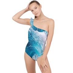 Tsunami Big Blue Wave Ocean Waves Water Frilly One Shoulder Swimsuit