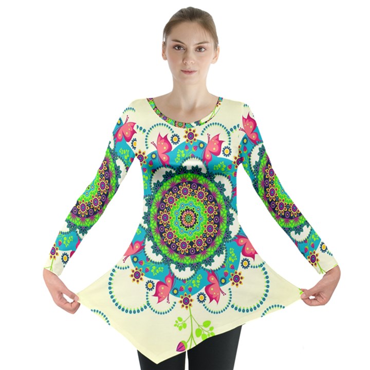 Mandala Flowers Abstract Butterflies Floral Pattern Summer Long Sleeve Tunic 