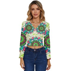 Mandala Flowers Abstract Butterflies Floral Pattern Summer Long Sleeve V-neck Top by Semog4